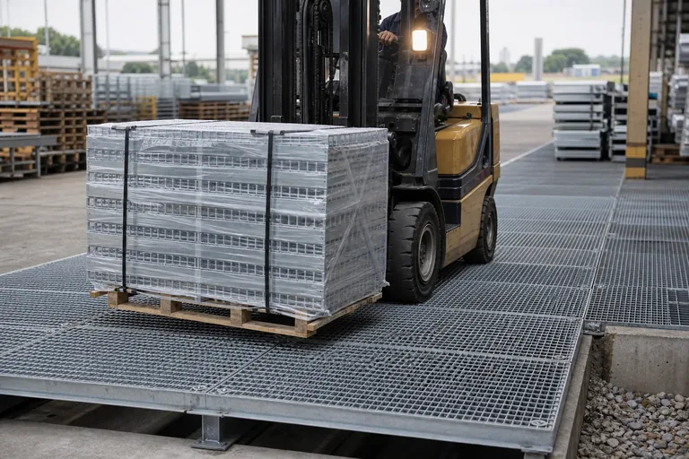 Grade metálica de piso em aplicação industrial